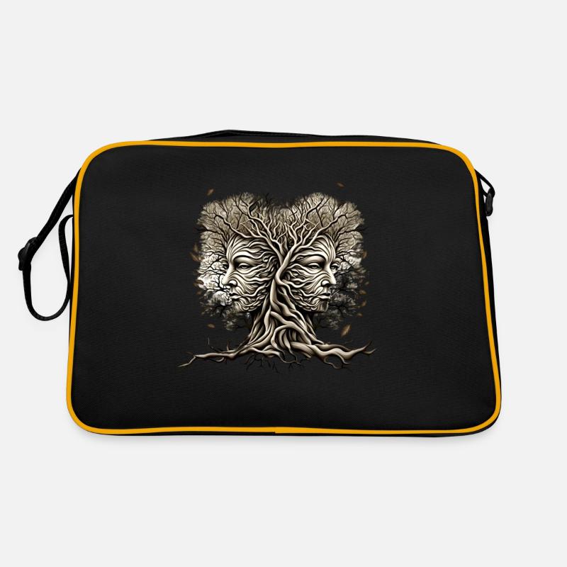 Tree Faces With Leaves Blowing Cool Nature Lover - Retro Bag - black/gold