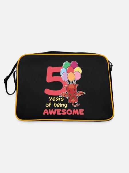 Drache zum 5. Geburtstag Kinder fünf Jahre alt - Retro Tasche - Schwarz/Gold - Hinten