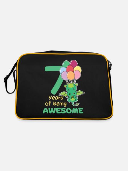 Drache zum 7. Geburtstag Kinder sieben Jahre alt - Retro Tasche - Schwarz/Gold - Hinten