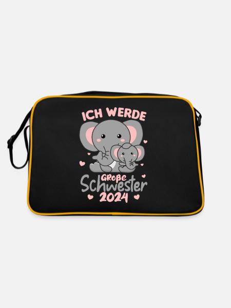 süße Elefanten Ich werde Große Schwester 2024 - Retro Tasche - Schwarz/Gold - Hinten