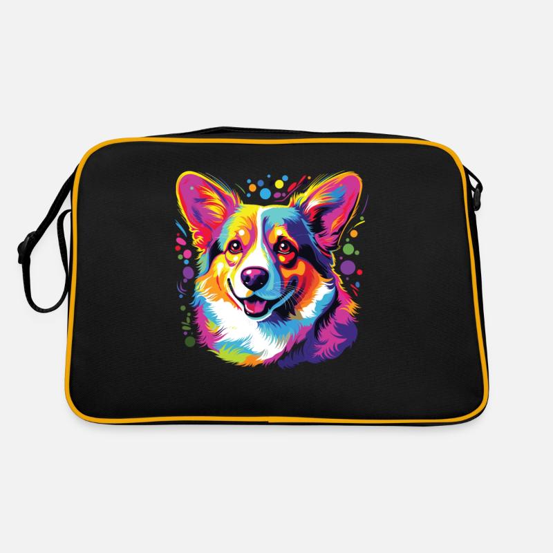 Wasserfarben Farbenfroher Corgi - Retro Tasche - Schwarz/Gold