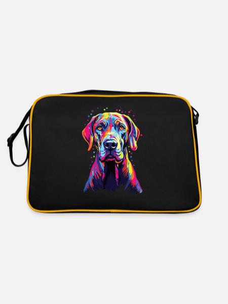 Wasserfarben Farbenfroher Deutsche Dogge - Retro Tasche - Schwarz/Gold - Hinten