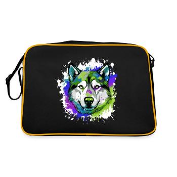 Husky Hund Kopf Porträt Bunt - Retro Tasche - Schwarz/Gold - Hinten