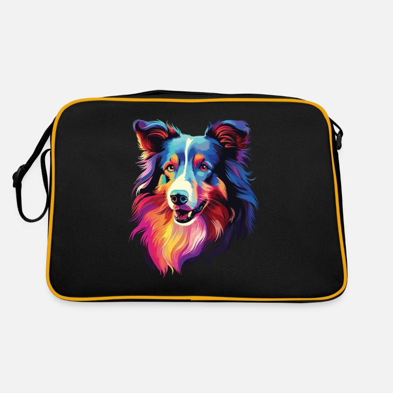 Wasserfarben Farbenfroher Collie - Retro Tasche - Schwarz/Gold