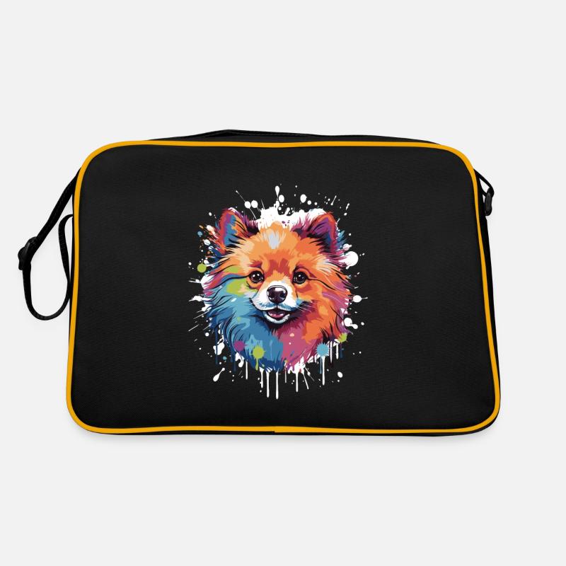 Pomeranian Hund Pop Art Kopf - Retro Tasche - Schwarz/Gold