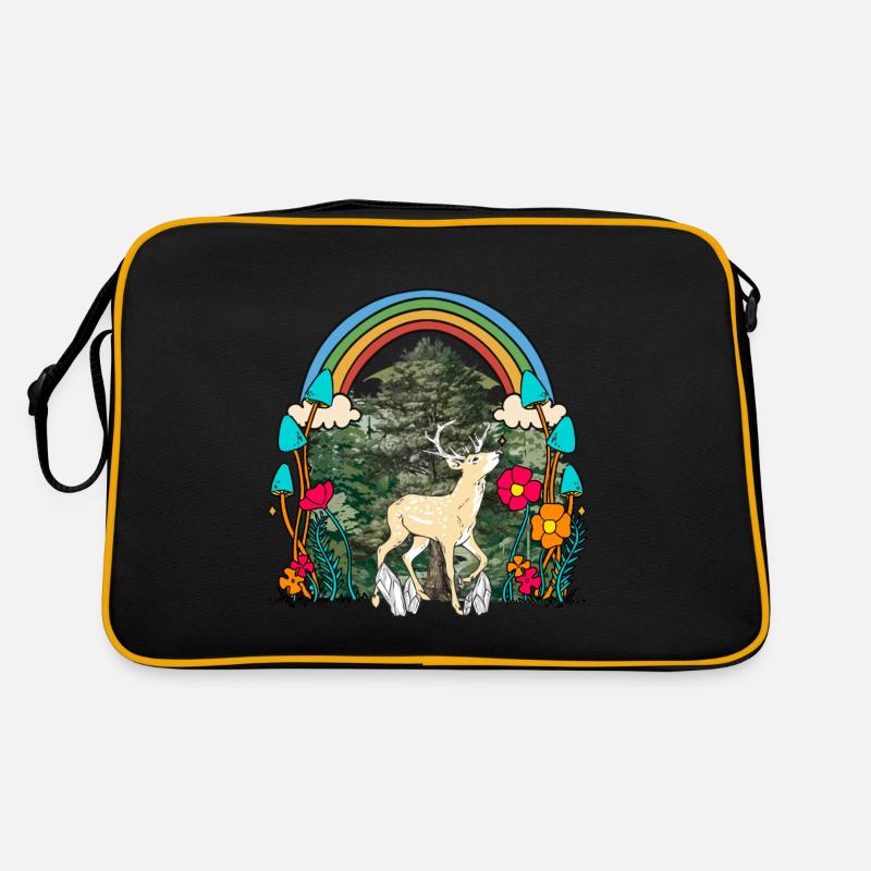 Waldtiere Waldbewohner Hirsch Rehbock Reh Kind - Retro Tasche - Schwarz/Gold