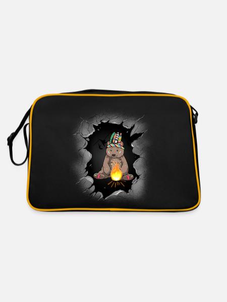 Braunbär Schamane Bär Lagerfeuer Bären - Retro Tasche - Schwarz/Gold