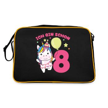 Ich bin schon 8 Einhörner Geburtstags Kinder - Retro Tasche - Schwarz/Gold - Hinten