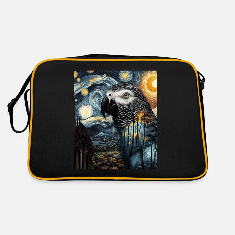 Afrikanischer Graupapagei Vogel Sternennacht Gemäl - Retro Tasche - Schwarz/Gold