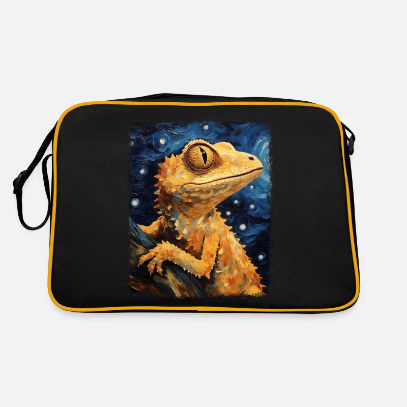 Kammgecko Eidechse Sternennacht Gemälde - Retro Tasche - Schwarz/Gold