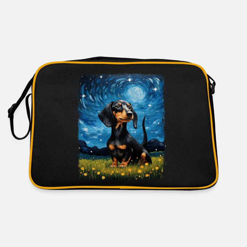 Dackel Hund Sternennacht Gemälde - Retro Tasche - Schwarz/Gold