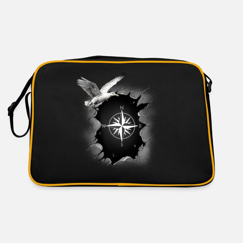 maritim Möwe Kompass Möwen Windrose - Retro Tasche - Schwarz/Gold