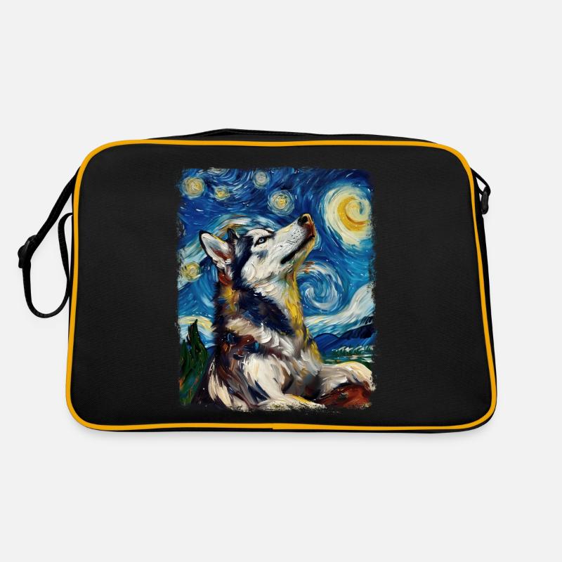 Siberian Husky Hund Sternennacht Gemälde - Retro Tasche - Schwarz/Gold