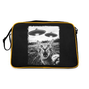 Tabby Katze UFO Alien Außerirdischer Selfie - Retro Tasche - Schwarz/Gold - Hinten