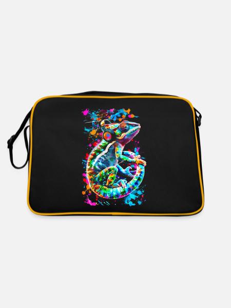 Chameleon Animal Animal Lover Headphones Reptiles - Retro Bag - black/gold - Back