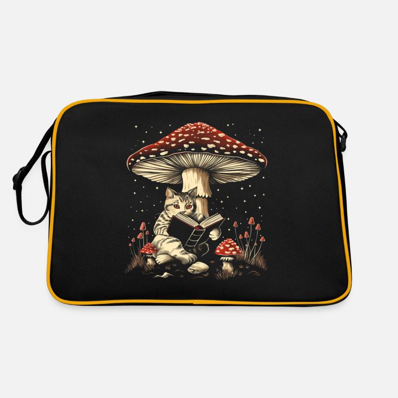 Cottagecore Ästhetische Katze Lesebuch Pilz Witchy - Retro Tasche - Schwarz/Gold