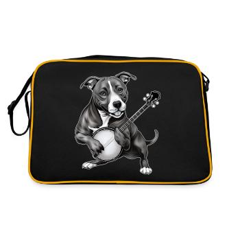 Pitbull Pittie Hund Bluegrass Banjo Spieler - Retro Tasche - Schwarz/Gold - Hinten