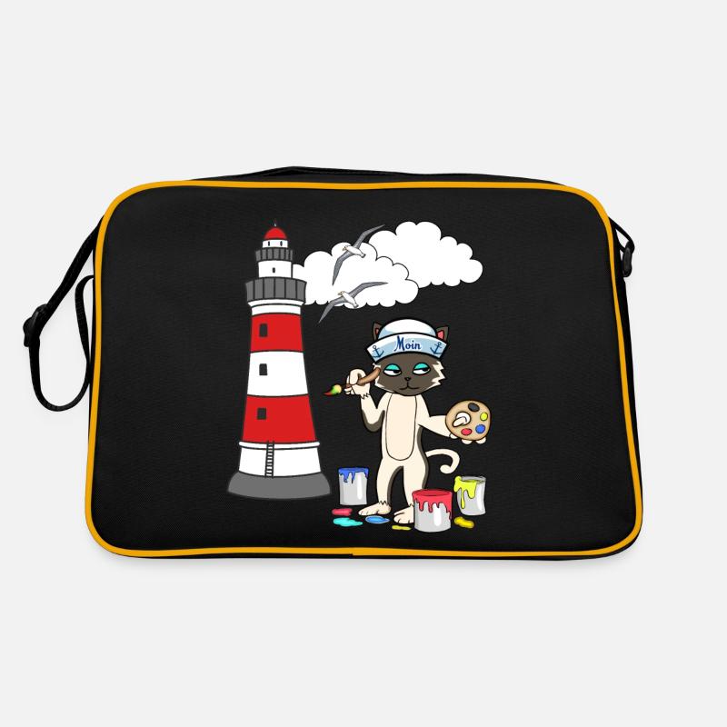 Katze Maler Leuchtturm Matrose Küste maritim Möwe - Retro Tasche - Schwarz/Gold