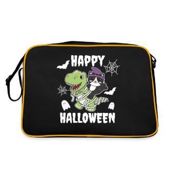 Katze Happy Halloween T-Rex Mumie Kostüm - Retro Tasche - Schwarz/Gold - Hinten
