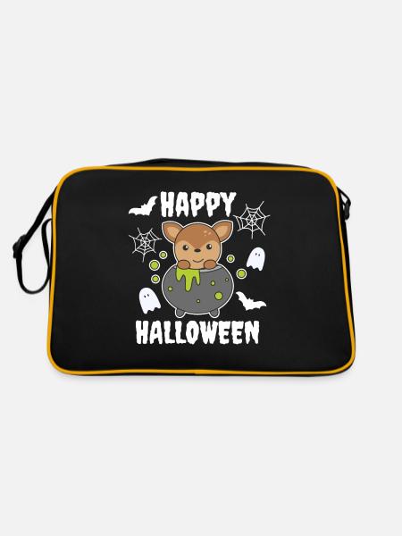 Reh Happy Halloween Hexenkessel Fledermaus - Retro Tasche - Schwarz/Gold - Hinten