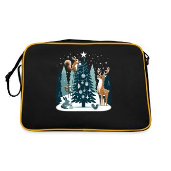 Weihnachtsdesign mit Waldtieren am Weihnachtsbaum - Retro Tasche - Schwarz/Gold - Hinten