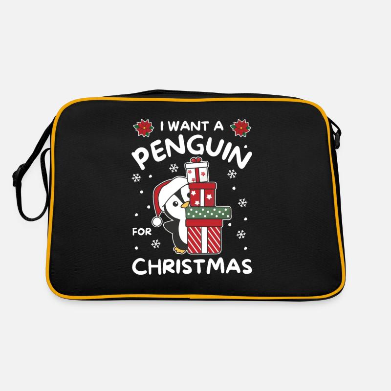 Ich will ein Pinguin zu Weihnachten süße Pinguine - Retro Tasche - Schwarz/Gold