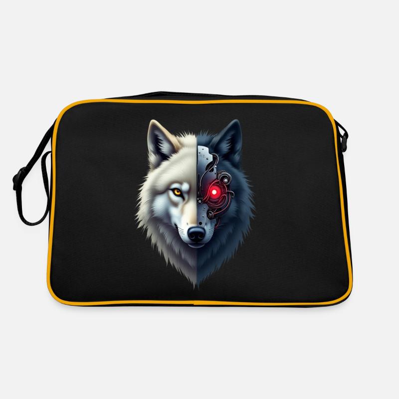 Lustiger Roboter Kunst Wolf Cyborg Tier AI Wolf Retro Tasche