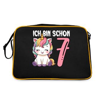 Kinder Einhorn 7. Geburtstag Ich bin schon Sieben - Retro Tasche - Schwarz/Gold - Hinten