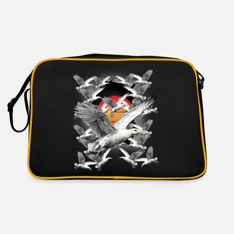Küste Sonnenuntergang Möwe Möwen Seevögel - Retro Tasche - Schwarz/Gold
