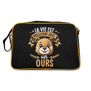 La vie est meilleure avec un ours - süßer Bär - Retro Tasche - Schwarz/Gold - Hinten