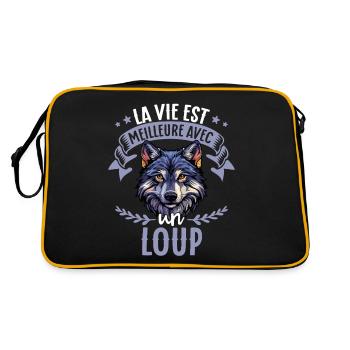 La vie est meilleure avec un loup - süßer Wolf - Retro Tasche - Schwarz/Gold - Hinten