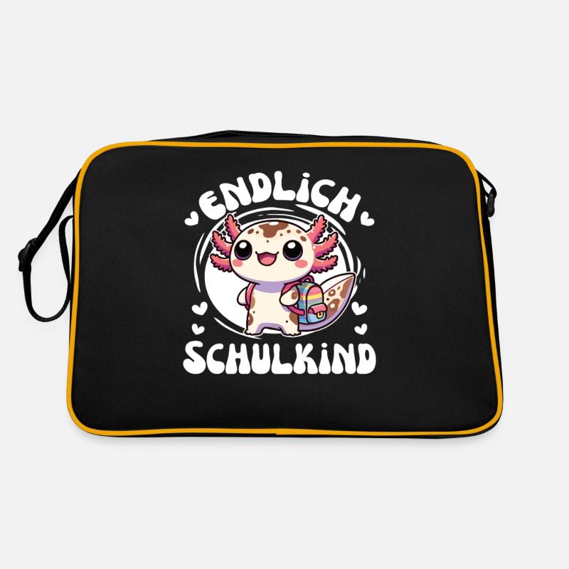 Endlich Schulkind süßes Axolotl zur Einschulung - Retro Tasche - Schwarz/Gold