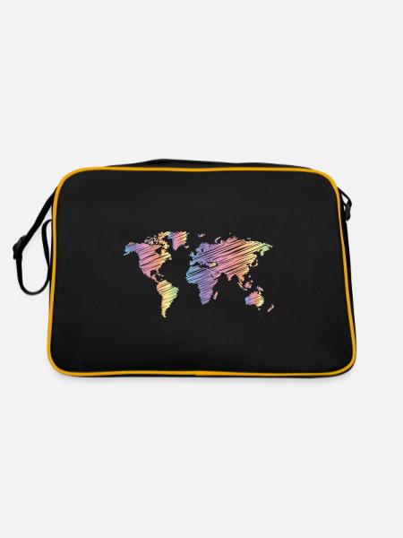 Pastell Weltkarte Bunte Welt - Retro Tasche - Schwarz/Gold - Hinten