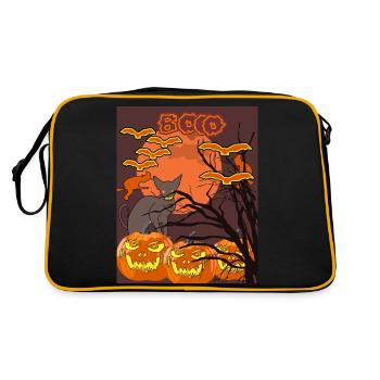 Boo mit Katze, Hexen und Kürbise T-Shirt - Retro Tasche - Schwarz/Gold - Hinten