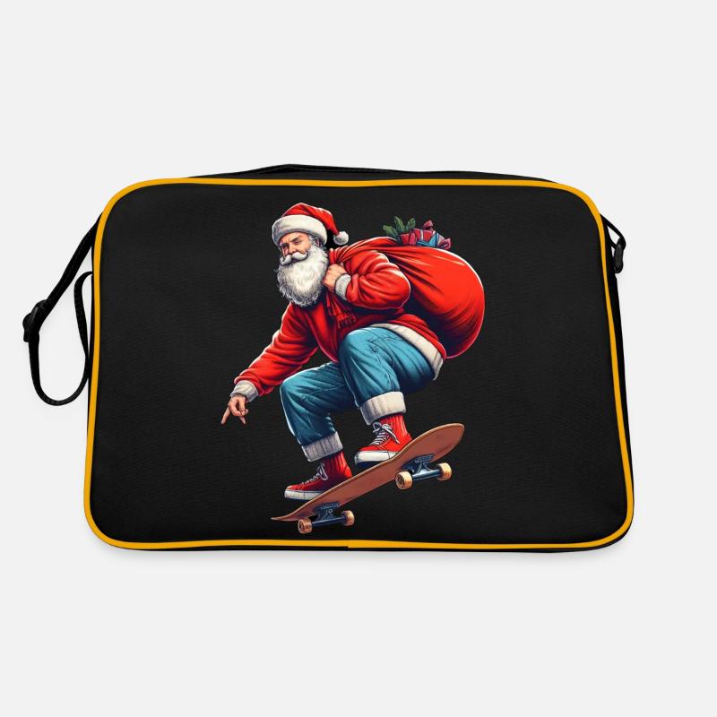 Retro-Weihnachtsmann springt mit einer Tüte voller Geschenke auf ein Brett Retro Tasche