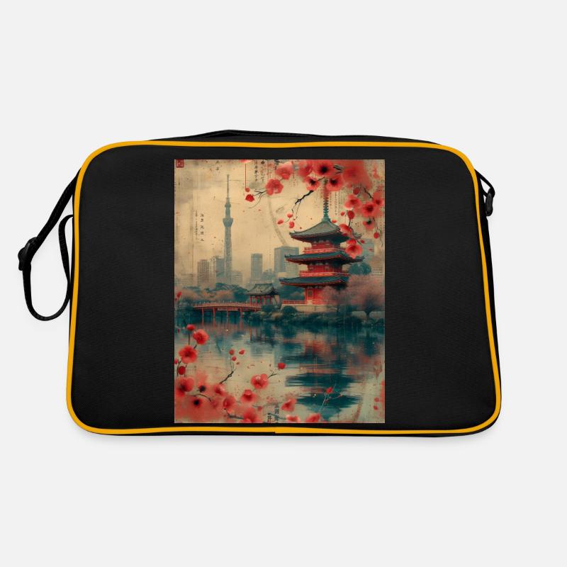 Eastern Harmony: Vintage-Skyline von Tokio mit Kirsche - Retro Tasche - Schwarz/Gold