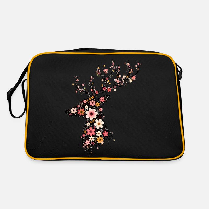 Hirsch aus Blumen - Retro Tasche - Schwarz/Gold