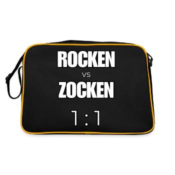 Rocken vs Zocken - Rock Gaming Vergleich - Retro Tasche - Schwarz/Gold - Hinten