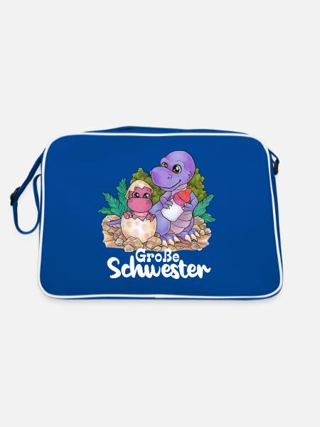 Große Schwester Niedlicher Dino Geschwister Paar - Retro Tasche - Blau/Weiß - Hinten