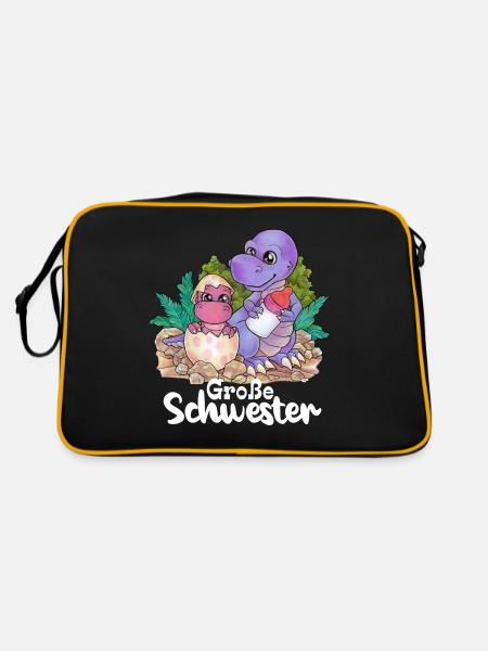 Große Schwester Niedlicher Dino Geschwister Paar - Retro Tasche - Schwarz/Gold - Hinten