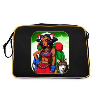 Niedliches Anime Manga Girl mit Hunde Wolf - Retro Tasche - Schwarz/Gold - Hinten