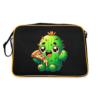 Süßer Kawaii Kaktus mit Pizza - Retro Tasche - Schwarz/Gold - Hinten