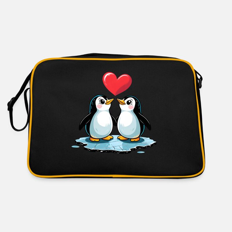 Comic Style Verliebtes Pinguin Paar - Retro Tasche - Schwarz/Gold