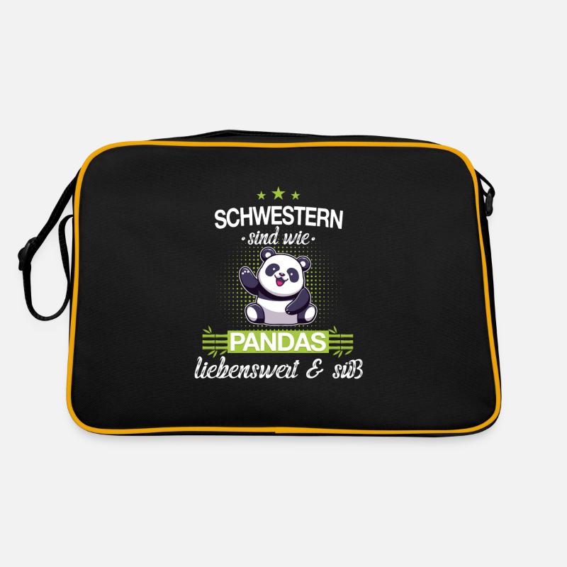 Große Schwester kleine Schwester Panda Spruch - Retro Tasche - Schwarz/Gold