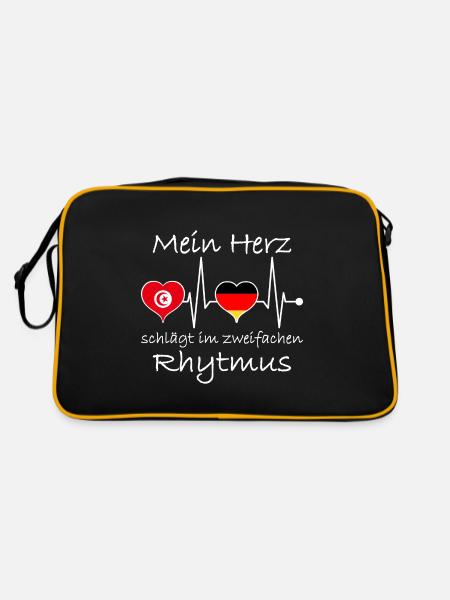 Tunesien Deutschland Flagge Herz Fahne Herzschlag - Retro Tasche - Schwarz/Gold