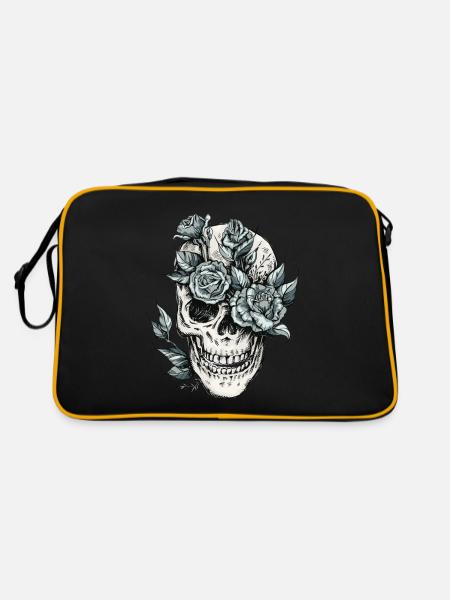 Totenkopf Schädel Skull mit Blumen Geschenkidee - Retro Tasche - Schwarz/Gold - Hinten