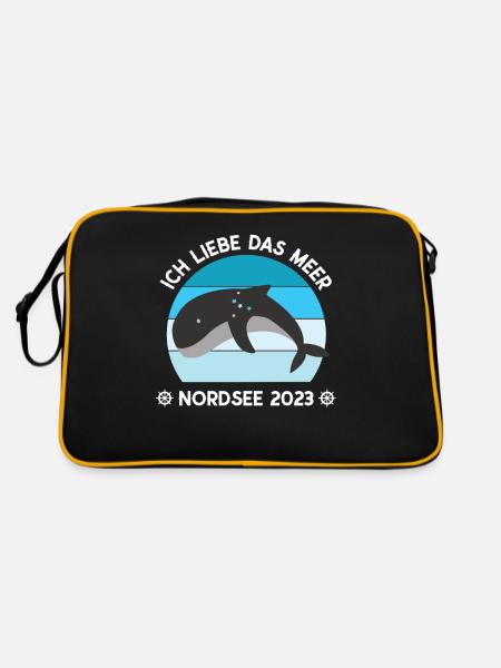 Nordsee Urlaub 2023 Ich liebe das Meer Wale Delfin - Retro Tasche - Schwarz/Gold - Hinten