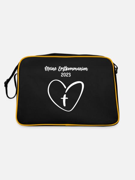 Kommunion 2023 Kreuz Herz Sakrament Erstkommunion - Retro Tasche - Schwarz/Gold - Hinten