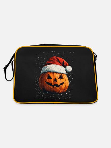 Halloween Geschenk Kürbis mit Weihnachtsmütze Deko - Retro Tasche - Schwarz/Gold - Hinten