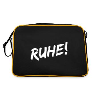 "Ruhe!" - Weiße Pinselschrift - Retro Tasche - Schwarz/Gold - Hinten